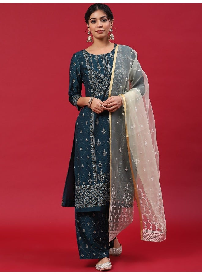 AKS Teal Blue & Gold Printed Kurta & Palazzo With Dupatta Set  - Image 5