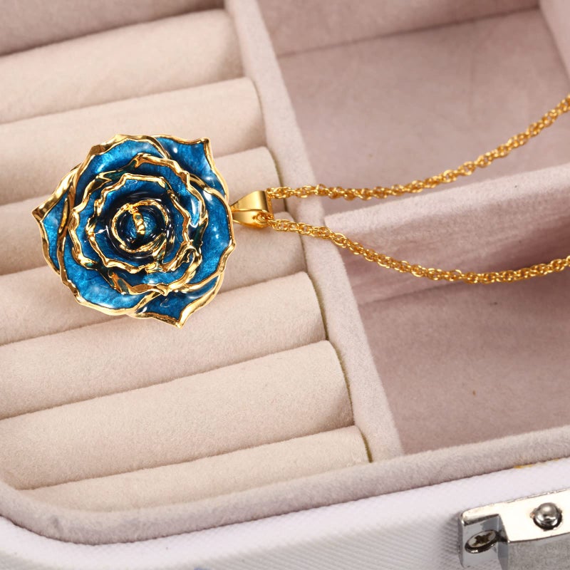 AliveRose Rose Pendant Necklaces Gifts for Women, 24K Gold Dipped Real Rose Dangle Necklace Jewelry - Ideal Gift for Her Wife Mom Anniversaries, Valentines (Blue) - Image 2