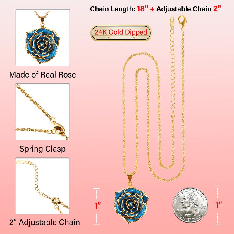 AliveRose Rose Pendant Necklaces Gifts for Women, 24K Gold Dipped Real Rose Dangle Necklace Jewelry - Ideal Gift for Her Wife Mom Anniversaries, Valentines (Blue) - Image 3