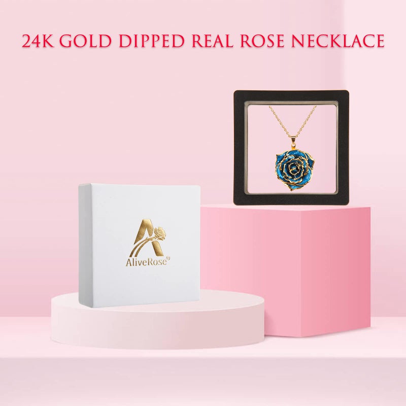AliveRose Rose Pendant Necklaces Gifts for Women, 24K Gold Dipped Real Rose Dangle Necklace Jewelry - Ideal Gift for Her Wife Mom Anniversaries, Valentines (Blue) - Image 4