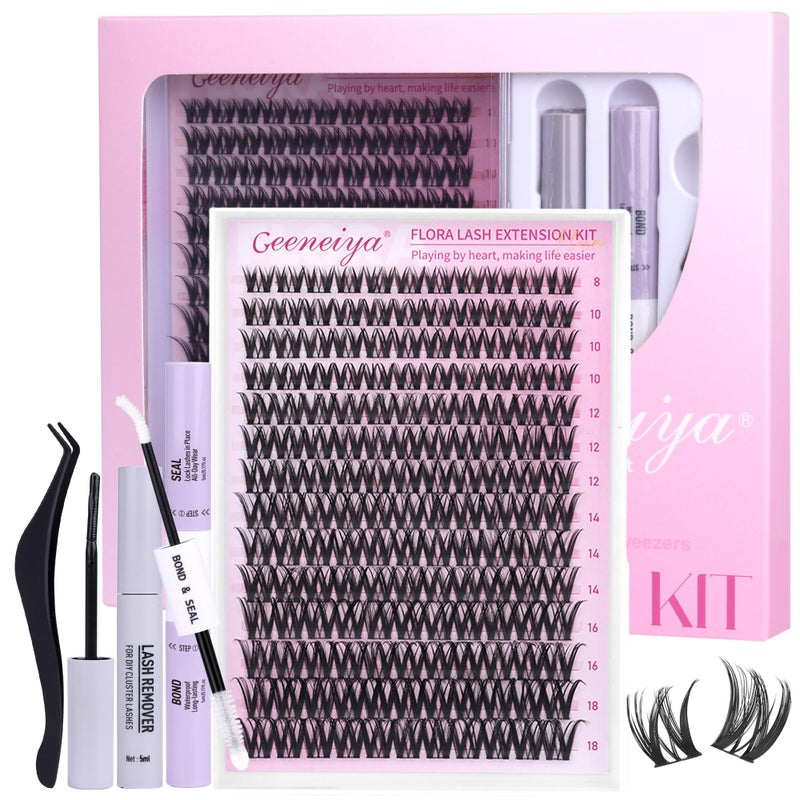 Geeneiya FLORA Lashes Clusters Kit DIY Lash Extension, 8-18MM Wispy Lash Clusters, Ultra-thin Soft Band Eyelash Extension Kit with Waterproof Lash Bond and Seal, Lash Remover, Tweezers for Beginners - Image 1