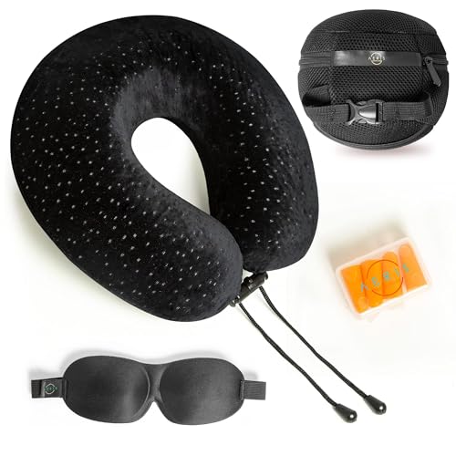 aeris Aeris Memory Foam Travel Pillow for Airplanes  Best Airplane Neck Pillow for Long Flights  Plane Accessories Carry Bag to Save Space Ear Plugs and Eye Mask  Perfect Flight Set  Gift 