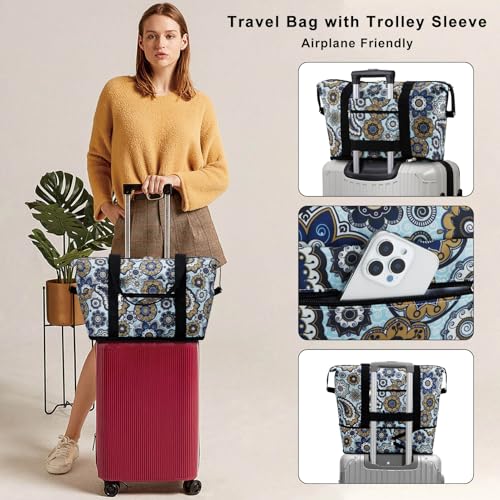 HAWEE Expandable Duffel Bag for Women with Trolley Sleeve and Wet Pocket Water Repellent Weekender Travel Tote Large Capacity Carry On Overnight Luggage for GymTripCampingBeach Geometric Flower - Image 3