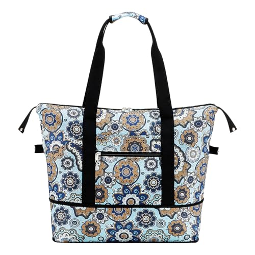 HAWEE Expandable Duffel Bag for Women with Trolley Sleeve and Wet Pocket Water Repellent Weekender Travel Tote Large Capacity Carry On Overnight Luggage for GymTripCampingBeach Geometric Flower - Image 1