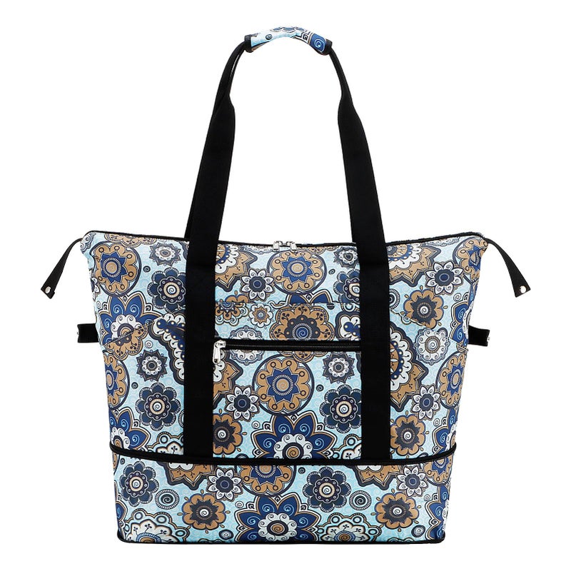 HAWEE Expandable Duffel Bag for Women with Trolley Sleeve and Wet Pocket Water Repellent Weekender Travel Tote Large Capacity Carry On Overnight Luggage for GymTripCampingBeach Geometric Flower - Image 2