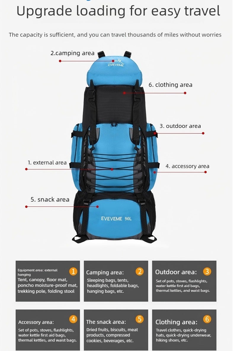 TOVELE5 Deep Blue 90L Large Hiking Backpack Waterproof Travel Camping Rucksack Mountaineering Bag with Breathable Back Support and Adjustable Straps  - Image 4