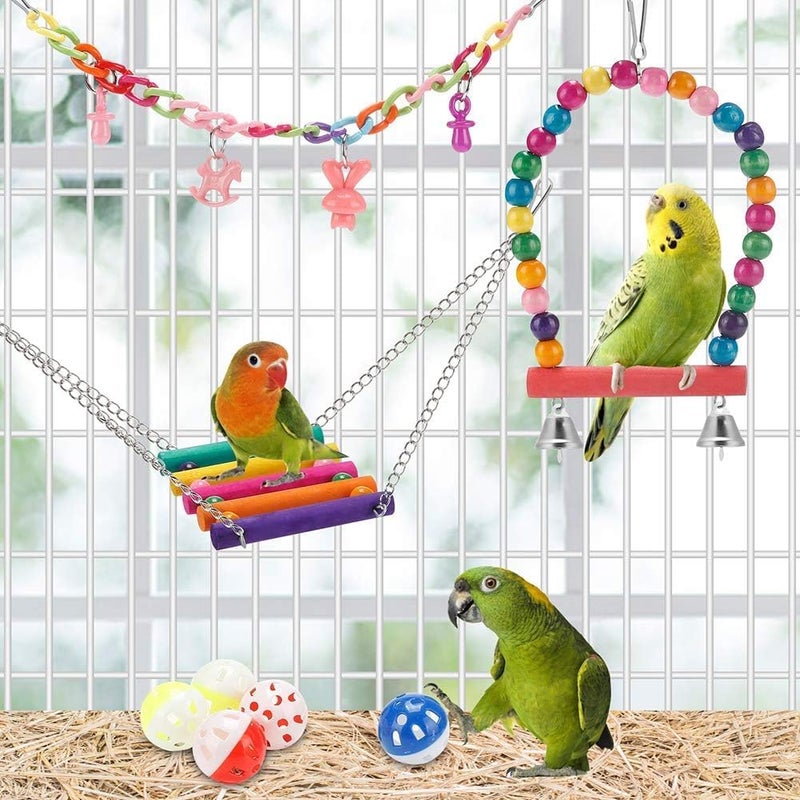 SCIENISH 7Pcs Parrots Bird Toys Budgie Cage Set Swing Ball Cockatiel Bird Beaks Bite Metal Rope (11 Pcs) - Image 4