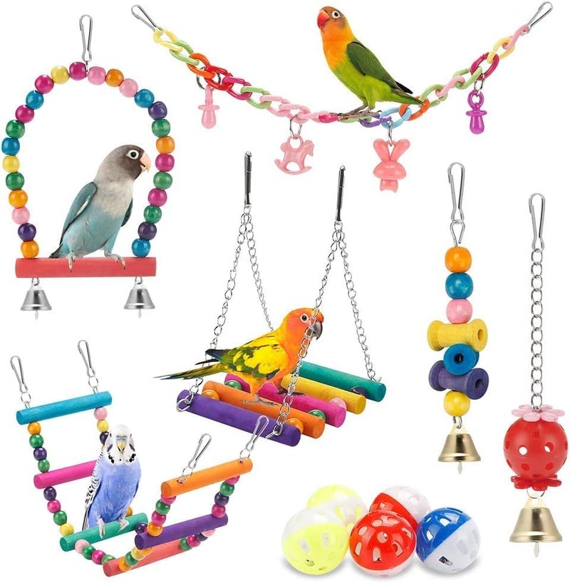 SCIENISH 7Pcs Parrots Bird Toys Budgie Cage Set Swing Ball Cockatiel Bird Beaks Bite Metal Rope (11 Pcs) - Image 1
