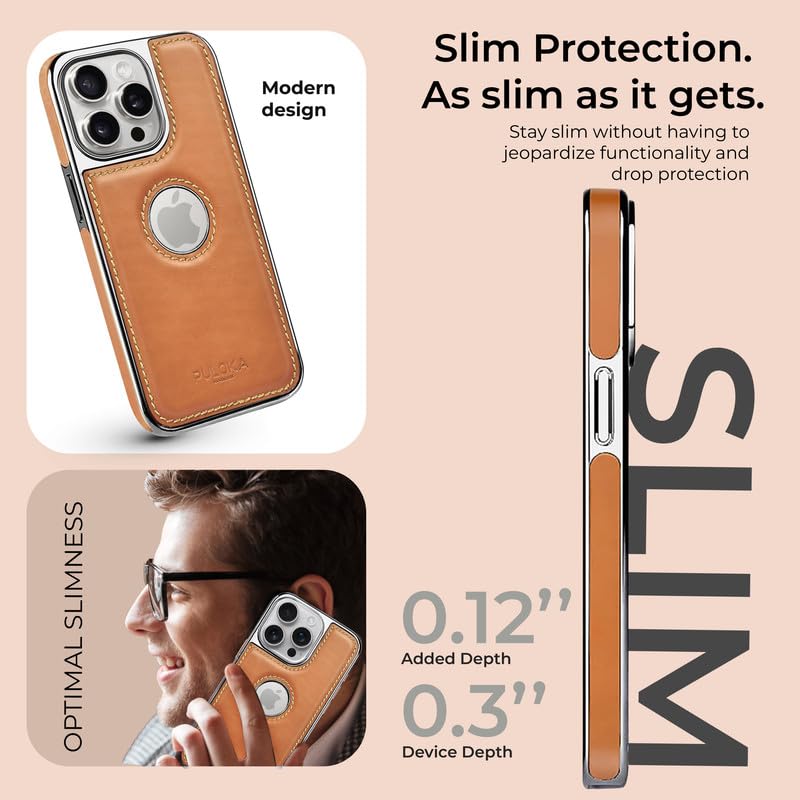 PULOKA Chrome Leather Back Case - Compatible with iPhone 14 Pro Max - Luxury Bumper Case - Flexible Vegan Leather - Electroplated Sides & Logocut - Full Camera Protetection & Raised Edges - Beige - Image 2