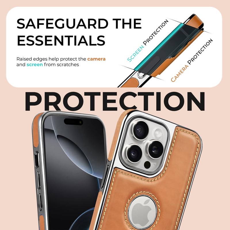 PULOKA Chrome Leather Back Case - Compatible with iPhone 14 Pro Max - Luxury Bumper Case - Flexible Vegan Leather - Electroplated Sides & Logocut - Full Camera Protetection & Raised Edges - Beige - Image 3