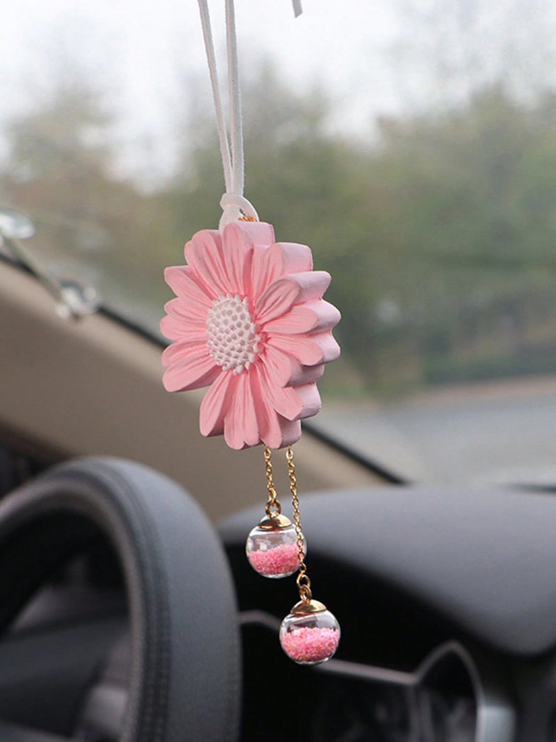 Pink Flower Car Hanging Ornament with Crystal Beads Decoration - Image 2