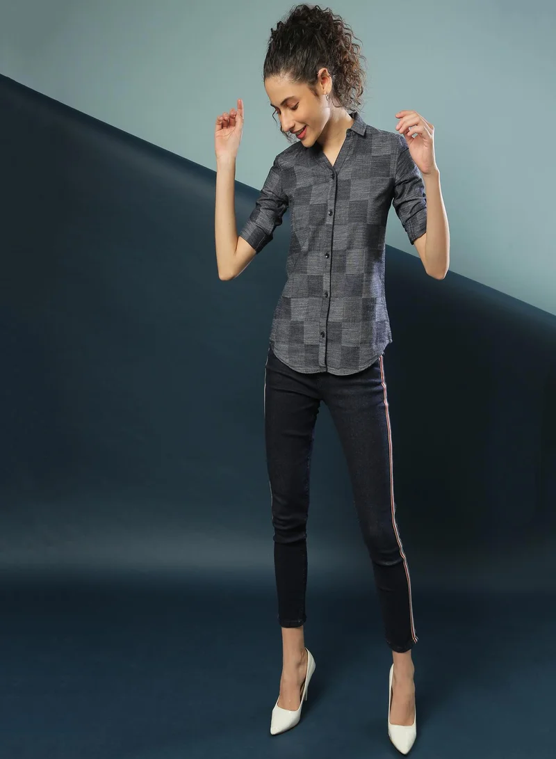 Campus Sutra Women's Blue Checkered Button Up Spread Collar Long Sleeve Regular Fit Shirt For Casual Wear | Shirt Crafted With Regular Sleeve, Comfort Fit & High-Performance For Everyday Wear