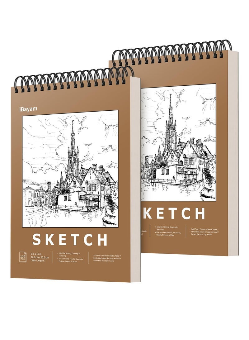 كابتن تيك 9 x 12 Premium Sketch Book Set, 2 Pack Spiral Bound Drawing Paper, 200 Sheets (68lb/100gsm) Sketchbook, Acid-Free Art Drawing Painting Sketching Pad Supplies for Kids, Teens, Adults, Artists - Image 1