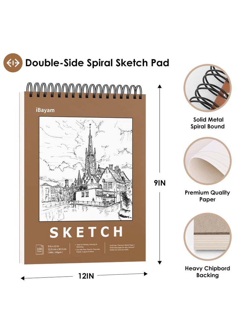 كابتن تيك 9 x 12 Premium Sketch Book Set, 2 Pack Spiral Bound Drawing Paper, 200 Sheets (68lb/100gsm) Sketchbook, Acid-Free Art Drawing Painting Sketching Pad Supplies for Kids, Teens, Adults, Artists - Image 2
