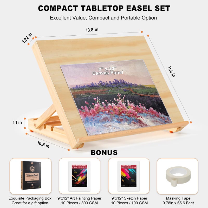 AOTEMOON Tabletop Easel for Painting, 13.8"x11.4" Adjustable Portable Art Easel Includes Art Painting Papers, Sketch Papers and Masking Tape, Pinewood Drawing Board for Canvas, Books and Artwork - Image 2