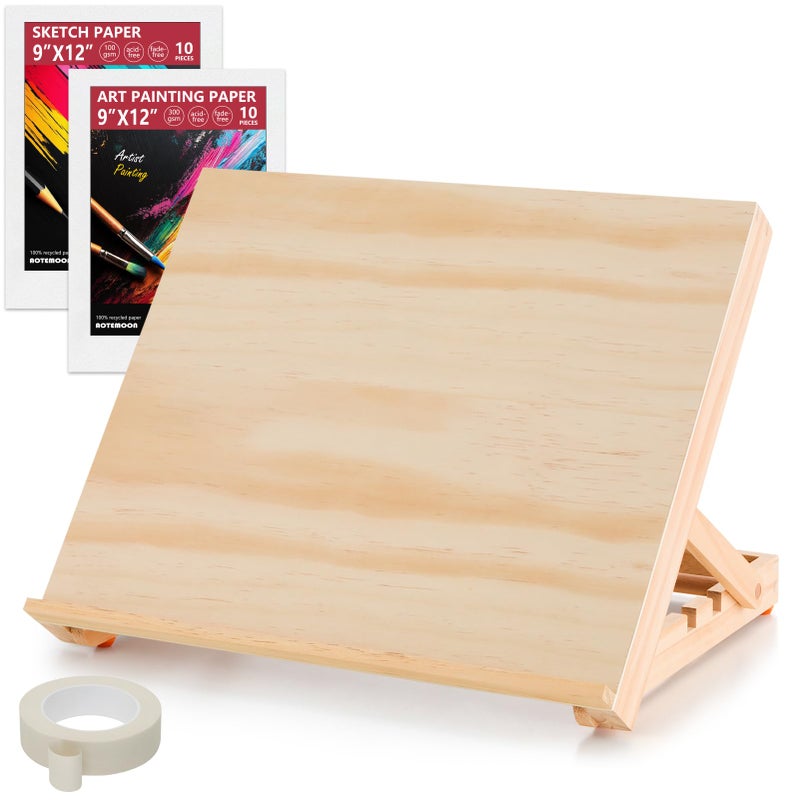 AOTEMOON Tabletop Easel for Painting, 13.8"x11.4" Adjustable Portable Art Easel Includes Art Painting Papers, Sketch Papers and Masking Tape, Pinewood Drawing Board for Canvas, Books and Artwork - Image 1