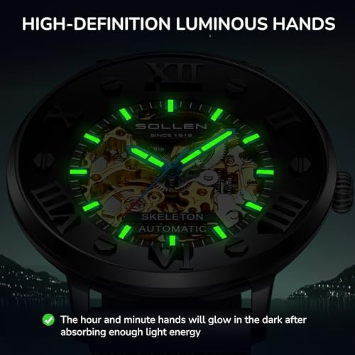 SOLLEN Men's Skeleton Automatic Watches, Original Mechanical Watch Movement, Double-Sided Skeleton Self-Winding Watches for Men, 3ATM Water Resistant Luminous Luxury Casual Wrist Watches for Men - Image 4