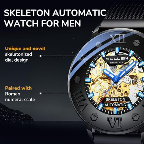 SOLLEN Men's Skeleton Automatic Watches, Original Mechanical Watch Movement, Double-Sided Skeleton Self-Winding Watches for Men, 3ATM Water Resistant Luminous Luxury Casual Wrist Watches for Men - Image 5