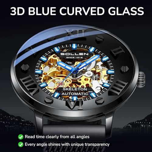 SOLLEN Men's Skeleton Automatic Watches, Original Mechanical Watch Movement, Double-Sided Skeleton Self-Winding Watches for Men, 3ATM Water Resistant Luminous Luxury Casual Wrist Watches for Men - Image 3