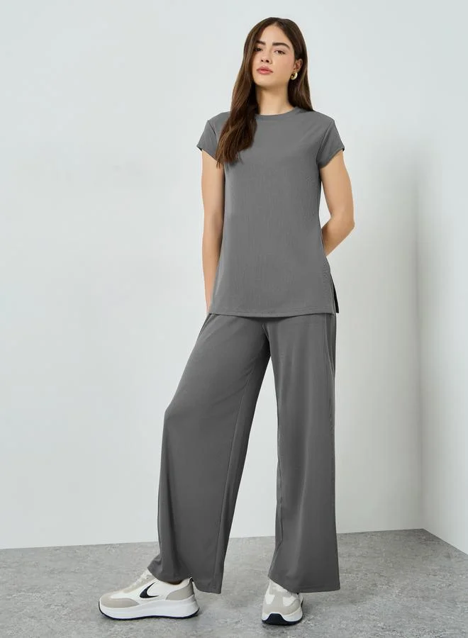Styli Grey Women Grey Wide Leg Ribbed Joggers for Women | Best Price UAE