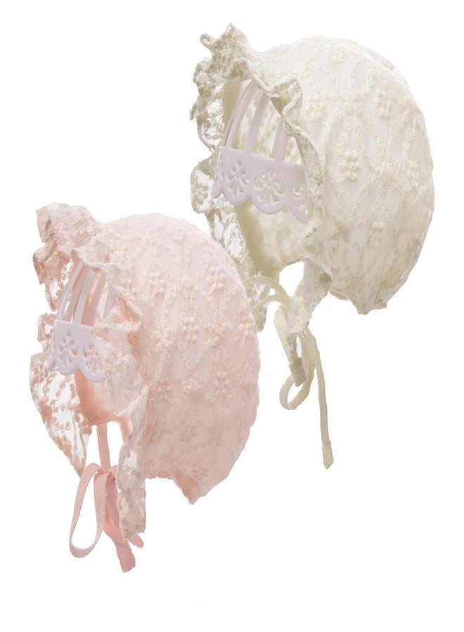 phnydreg 2 Pcs Baby Girl Bonnets Adjustable Lace Eyelet Sun Hat for Infant Toddler Girl Birthday Baby Show Gift Pink, Beige - Image 1