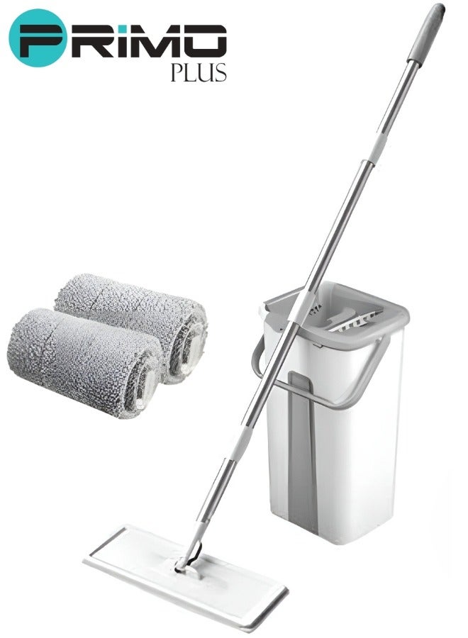 بريمو بلس طقم ممسحة تنضيف ارضيات من المايكروفايبر مع دلو وبكرة إعادة تعبئة رمادي/ابيض/فضي - Image 1