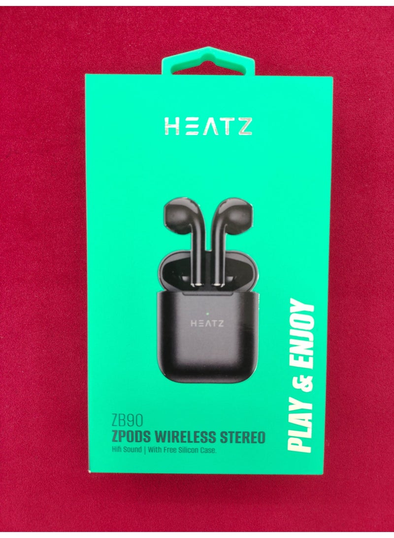 Heatz ZB90 Wireless ZPods | Bluetooth Wireless Earbuds | Touch Sensor Control | Dual Microphone Clear Calls | Stereo Sound | Long Battery Life | Free Silicone Case | Black - Image 2