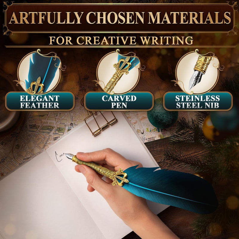 LAGARTO Vintage Feather Quill Pen and Ink Set - Elegant Blue Feather Pen and Ink Set for Signatures, Writing, and Drawing - Calligraphy Kit with Stainless Steel Nib for Beginners and Calligraphy Enthusiasts - Image 3