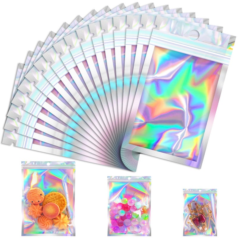 Jetmore 100 Pcs Resealable Mylar Bags, Smell Proof Goodie Bags with Clear Window, Small Holographic Bags for Halloween, Gift, Candy, Bracelet, Keychain, Treat, Product, Sealable Plastic Bags - Image 1