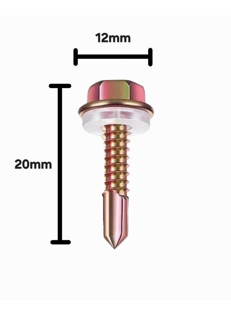 براغي حفر ذاتي برأس سداسي مع حلقة مانعة للتسرب من مادة EPDM - 12 قطعة - فولاذ مطلي بالزنك الأصفر - 12 مم × 20 مم - مثالية لأسقف وجدران المباني المعدنية والإنشاءات - Image 2