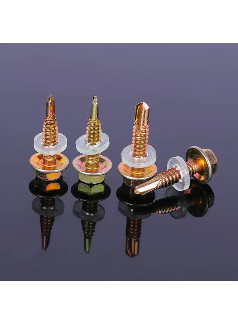 براغي حفر ذاتي برأس سداسي مع حلقة مانعة للتسرب من مادة EPDM - 12 قطعة - فولاذ مطلي بالزنك الأصفر - 12 مم × 20 مم - مثالية لأسقف وجدران المباني المعدنية والإنشاءات - Image 3