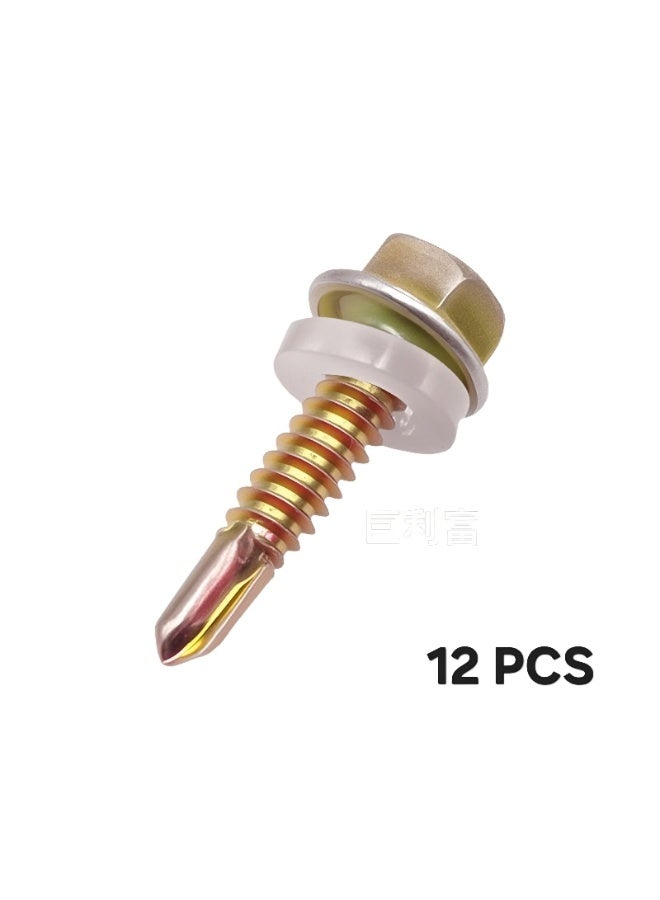 براغي حفر ذاتي برأس سداسي مع حلقة مانعة للتسرب من مادة EPDM - 12 قطعة - فولاذ مطلي بالزنك الأصفر - 12 مم × 20 مم - مثالية لأسقف وجدران المباني المعدنية والإنشاءات - Image 1