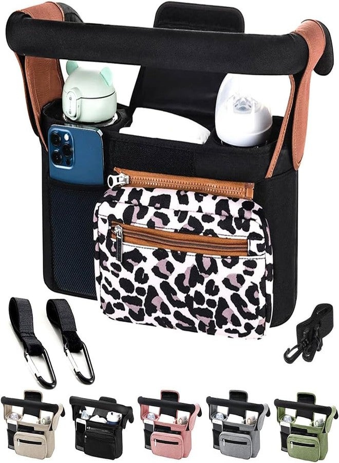 KLERICER Baby Stroller Organizer, Universal Stroller Organizer with Detachable Phone Bag, Stroller Caddy with 2 Insulated Cup Holders, Buggy Organizer Bag with 2 Hooks Fits Most Strollers (Leopard) - Image 1