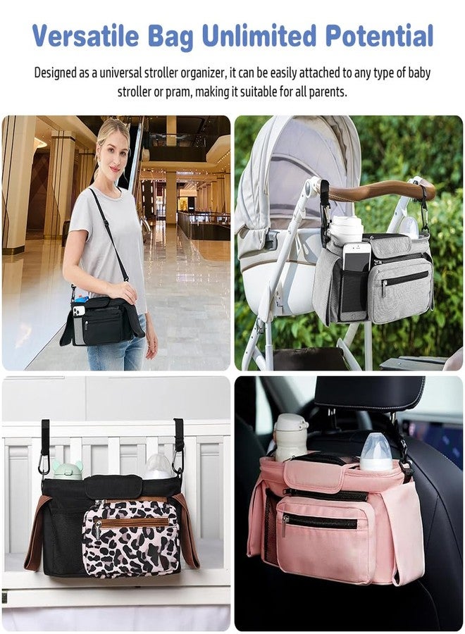 KLERICER Baby Stroller Organizer, Universal Stroller Organizer with Detachable Phone Bag, Stroller Caddy with 2 Insulated Cup Holders, Buggy Organizer Bag with 2 Hooks Fits Most Strollers (Leopard) - Image 4