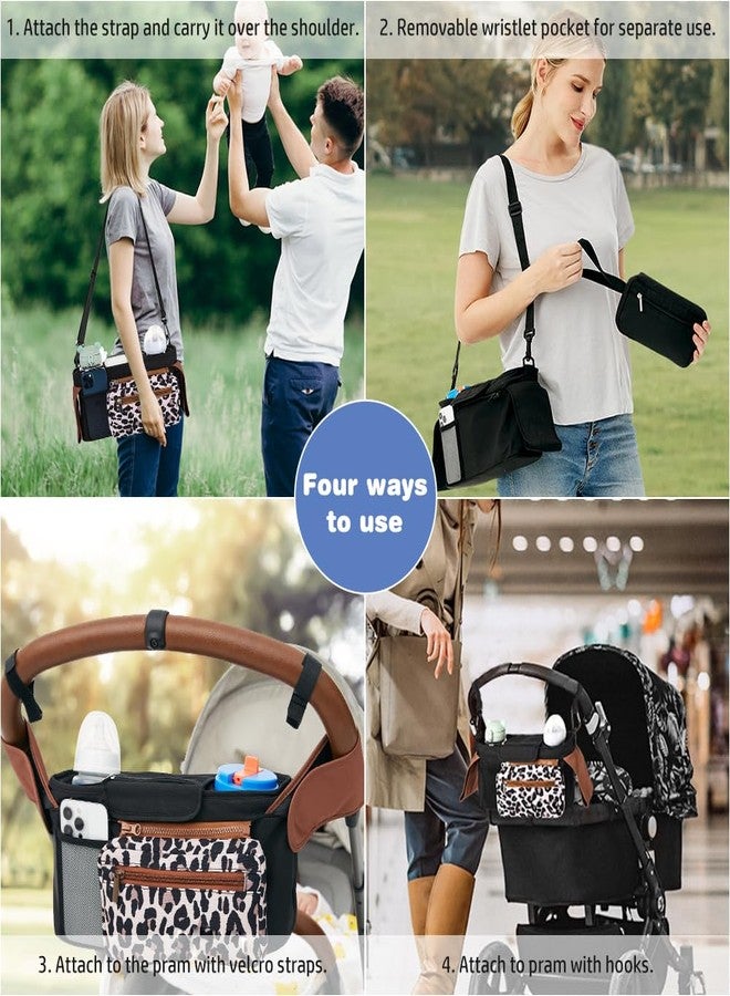 KLERICER Baby Stroller Organizer, Universal Stroller Organizer with Detachable Phone Bag, Stroller Caddy with 2 Insulated Cup Holders, Buggy Organizer Bag with 2 Hooks Fits Most Strollers (Leopard) - Image 2