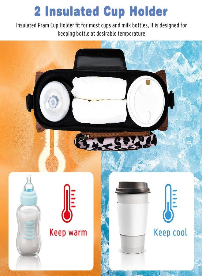 KLERICER Baby Stroller Organizer, Universal Stroller Organizer with Detachable Phone Bag, Stroller Caddy with 2 Insulated Cup Holders, Buggy Organizer Bag with 2 Hooks Fits Most Strollers (Leopard) - Image 5