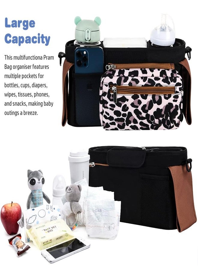 KLERICER Baby Stroller Organizer, Universal Stroller Organizer with Detachable Phone Bag, Stroller Caddy with 2 Insulated Cup Holders, Buggy Organizer Bag with 2 Hooks Fits Most Strollers (Leopard) - Image 3