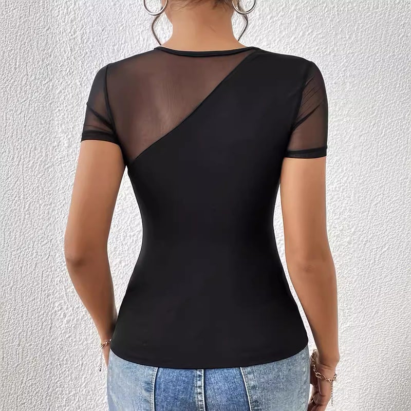 Women's Solid Short Sleeve Mesh Patchwork T-Shirt - Image 2
