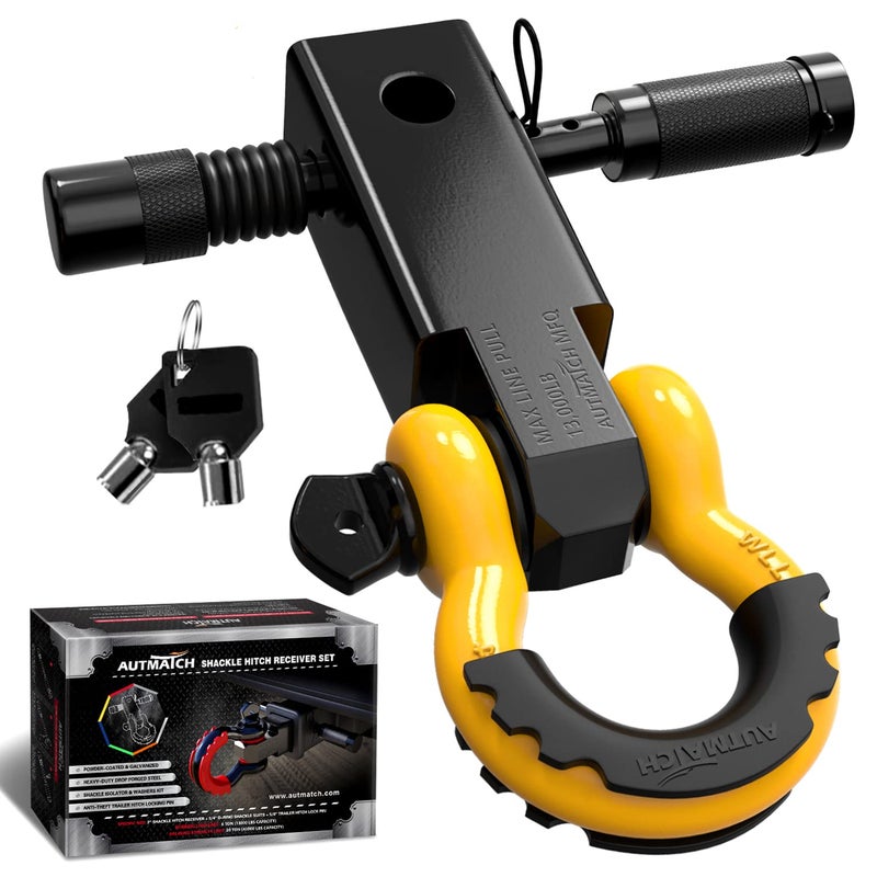 AUTMATCH Shackle Hitch Receiver 2 Inch  34 D Ring Shackle and 58 Trailer Hitch Lock Pin 45000 Lbs Break Strength Heavy Duty Receiver Towing Kit for OffRoad Vehicle Recovery Black  Yellow