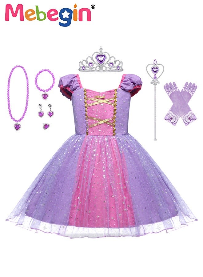 Princess Sofia Costume with Stylish Design, Princess Dress Set with 7 Accessories, Fancy Elegant Outfit for Girls, Fairy Tale Fancy Dress with Gold Filigree, Suitable for Party, Birthday, Funfair, Stage Performance, Cosplay and Any Other Special Occasions
