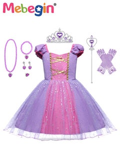 MEBEGIN Princess Sofia Costume with Stylish Design, Princess Dress Set with 7 Accessories, Fancy Elegant Outfit for Girls, Fairy Tale Fancy Dress with Gold Filigree, Suitable for Party, Birthday, Funfair, Stage Performance, Cosplay and Any Other Special Occasions  - Image 1