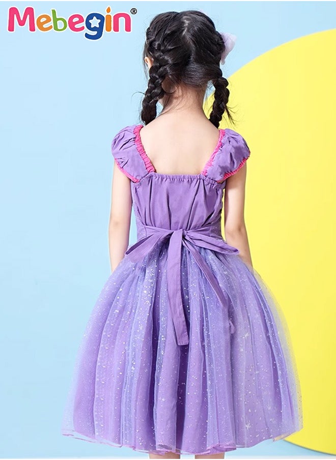 MEBEGIN - Princess Sofia Costume with Stylish Design, Princess Dress Set with 7 Accessories, Fancy Elegant Outfit for Girls, Fairy Tale Fancy Dress with Gold Filigree, Suitable for Party, Birthday, Funfair, Stage Performance, Cosplay and Any Other Special Occasions - Image 1