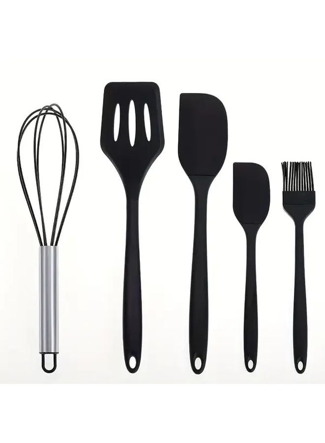5 قطع من مجموعة أدوات المطبخ السيليكونية السوداء، وأدوات الخبز، ومكشطة، وملعقة، وخفاقة - Image 1