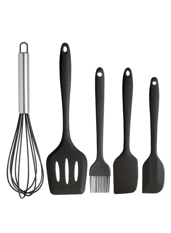5 قطع من مجموعة أدوات المطبخ السيليكونية السوداء، وأدوات الخبز، ومكشطة، وملعقة، وخفاقة - Image 2