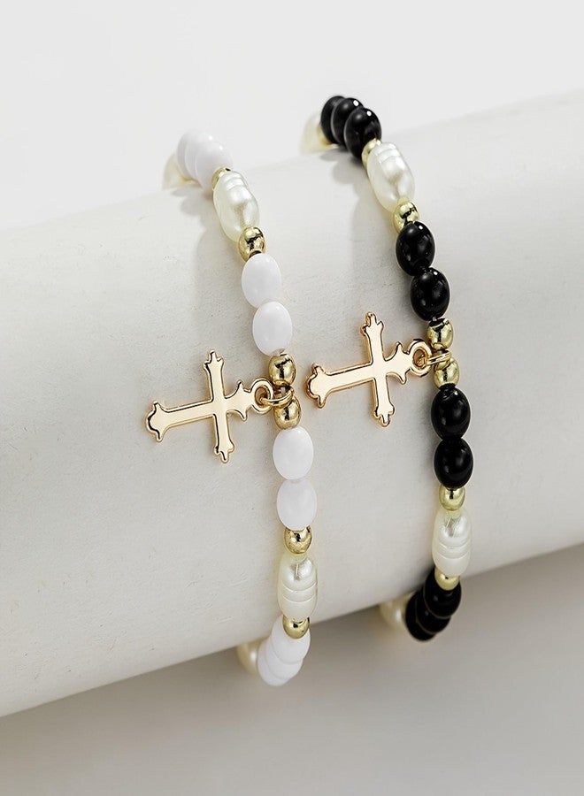 CACALOSS 2 Kids Rosary Beads Catholic Imitation Pearl Rosary Bracelet Baby Rosary (Black and White) - Image 4