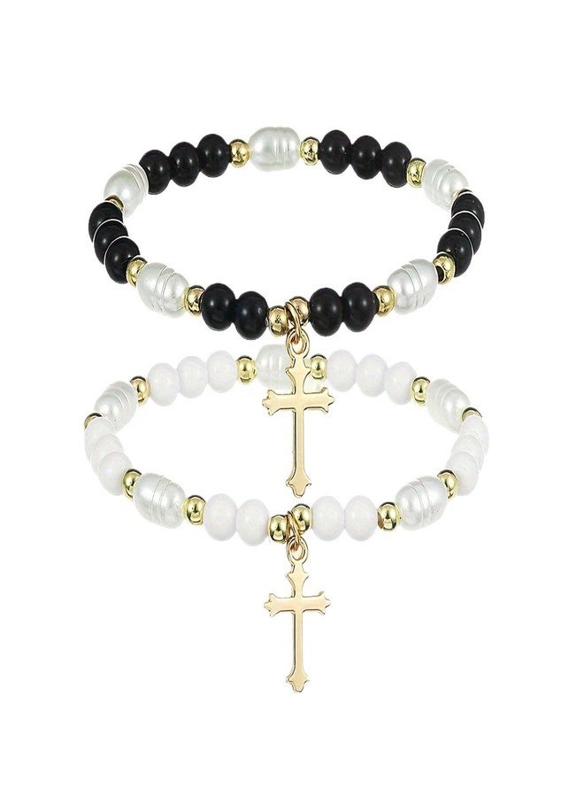 CACALOSS 2 Kids Rosary Beads Catholic Imitation Pearl Rosary Bracelet Baby Rosary (Black and White) - Image 2