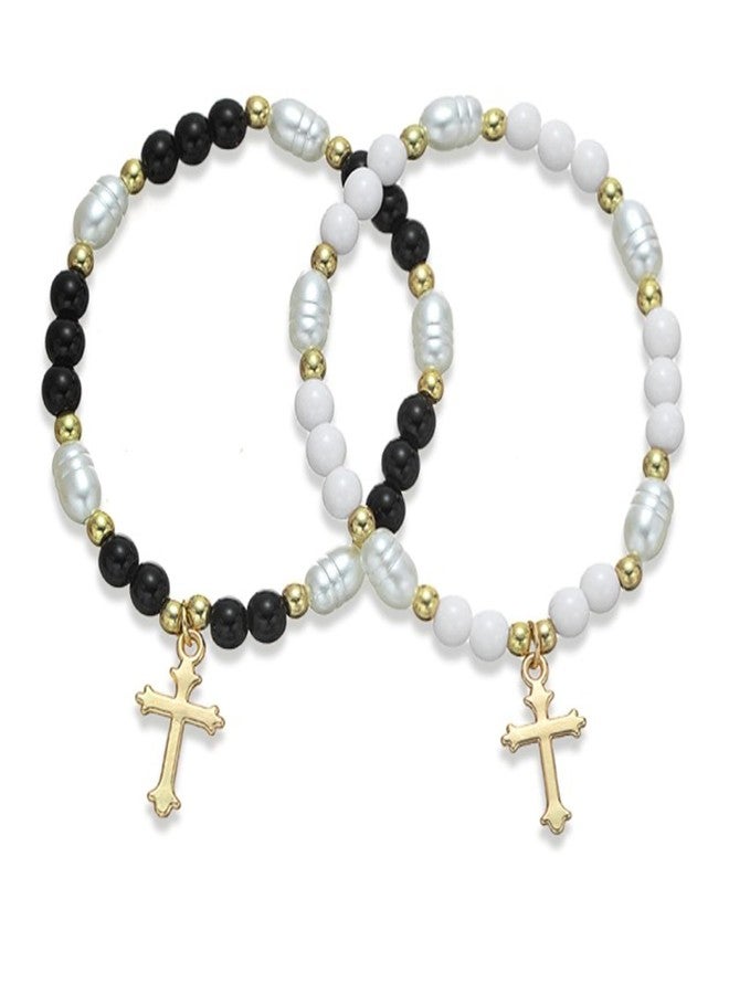CACALOSS 2 Kids Rosary Beads Catholic Imitation Pearl Rosary Bracelet Baby Rosary (Black and White) - Image 1