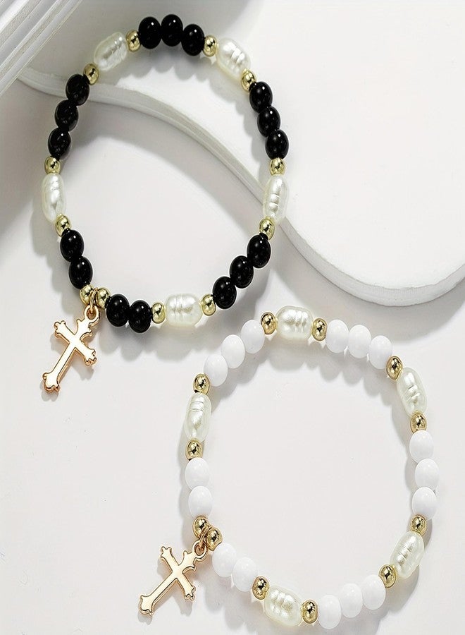CACALOSS 2 Kids Rosary Beads Catholic Imitation Pearl Rosary Bracelet Baby Rosary (Black and White) - Image 3