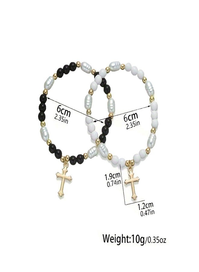 CACALOSS 2 Kids Rosary Beads Catholic Imitation Pearl Rosary Bracelet Baby Rosary (Black and White) - Image 5