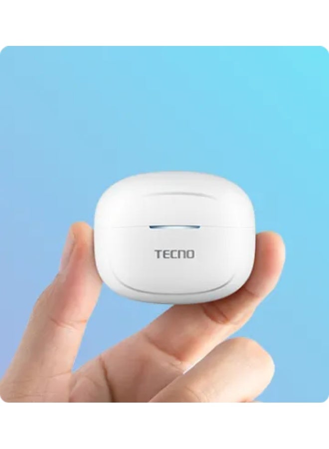 سماعات Tecno Buds 4 مزودة بتقنية إلغاء الضوضاء النشط (ANC) التي تقلل الضوضاء المحيطة بما يصل إلى 25 ديسيبل، باللون الأبيض. - Image 3